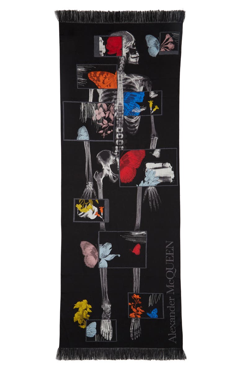 McQueen Botanical Embroidered Floral Fringe Trim Wool Blend Scarf, Alternate, color, 