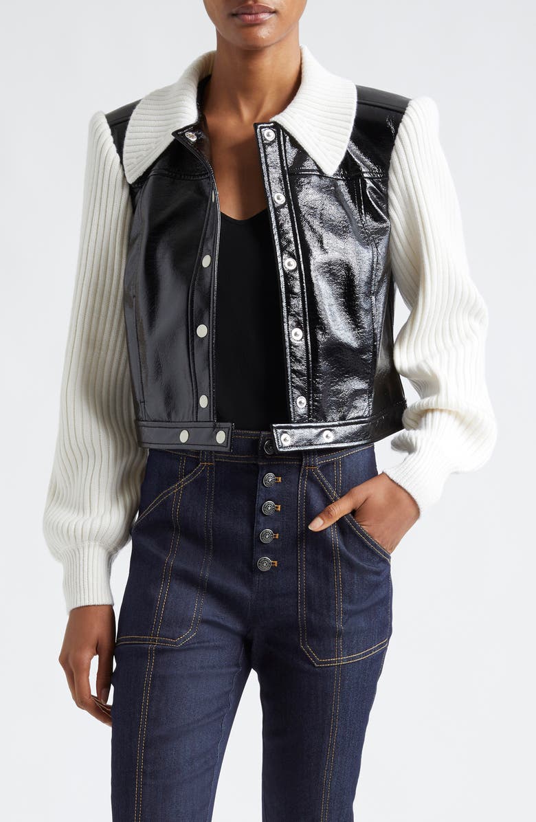 Cinq à Sept Knit Sleeve Faux Leather Jacket, Main, color, Black/ Ivory