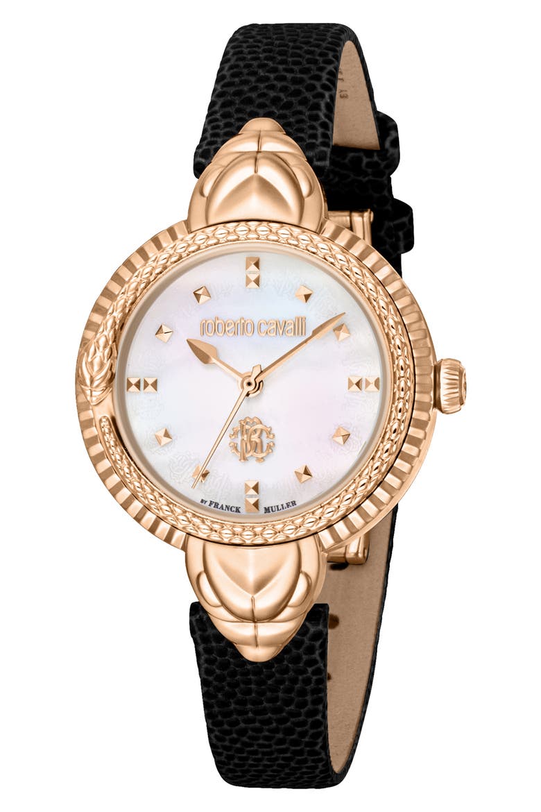 Mother of Pearl Dial Leather Strap Watch, 32mm, Main, color, BLACK