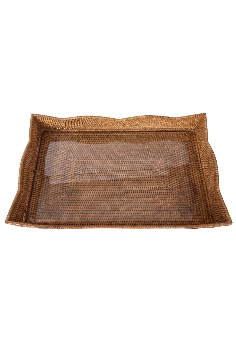 Artifacts Rattan Scallop Design Breakfast Tray with Wooden Legs & Glass Insert, Alternate, color, Honey Brown