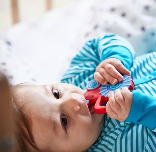 Haba Tractor Silicone Teether In Blue
