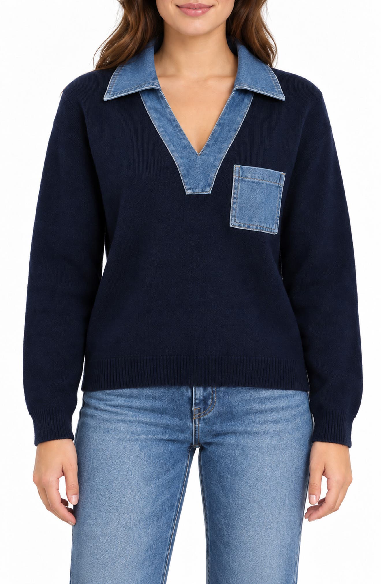 Denim Trim Popover Top