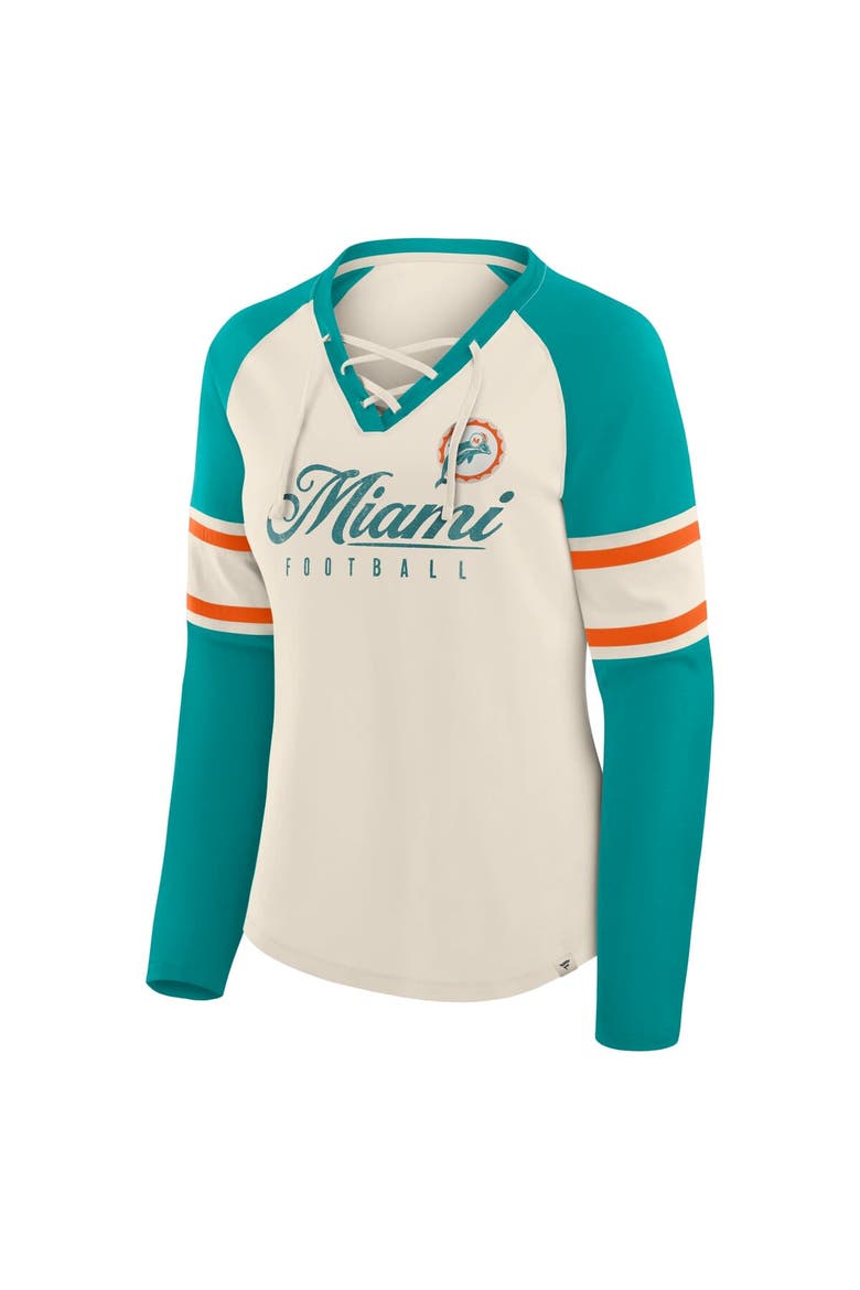 Women's Fanatics Cream/Aqua Miami Dolphins Hometown Gridiron Hero Raglan Lace-Up V-Neck Long Sleeve T-Shirt, Alternate, color, Cream