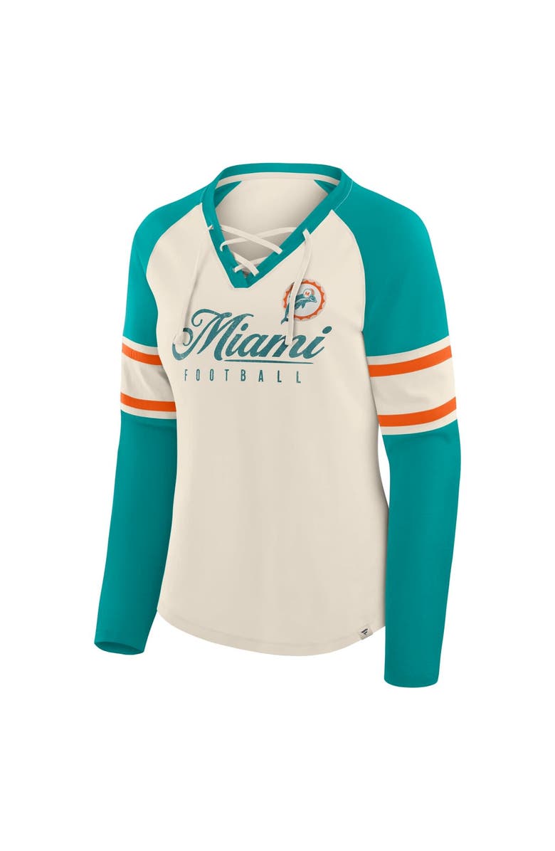 FANATICS Women
s Fanatics Cream/Aqua Miami Dolphins Hometown Gridiron Hero Raglan Lace-Up V-Neck Long Sleeve T-Shirt, Alternate, color, Cream
