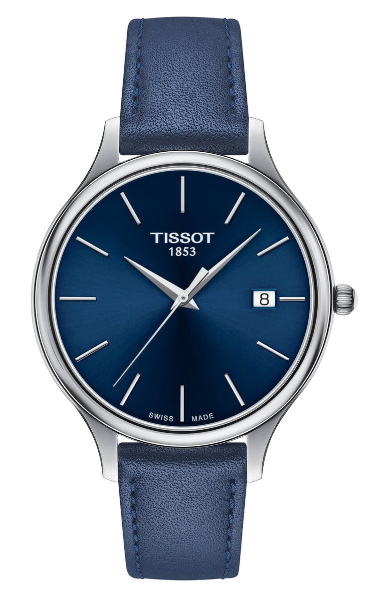 Tissot Bella Ora Piccola Leather Strap Watch, 38mm, Main, color, Blue