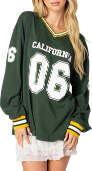 EDIKTED Cali 06 Oversize Long Sleeve Cotton Graphic Football T-Shirt