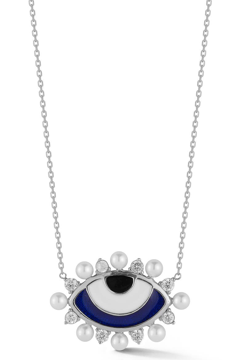 Rhodium Plated Sterling Silver CZ & Freshwater Pearl Evil Eye Pendant Necklace, Main, color, SILVER