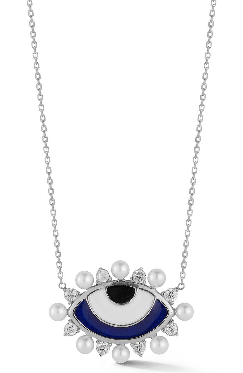 SPHERA MILANO Rhodium Plated Sterling Silver CZ & Freshwater Pearl Evil Eye Pendant Necklace, Main, color, Silver