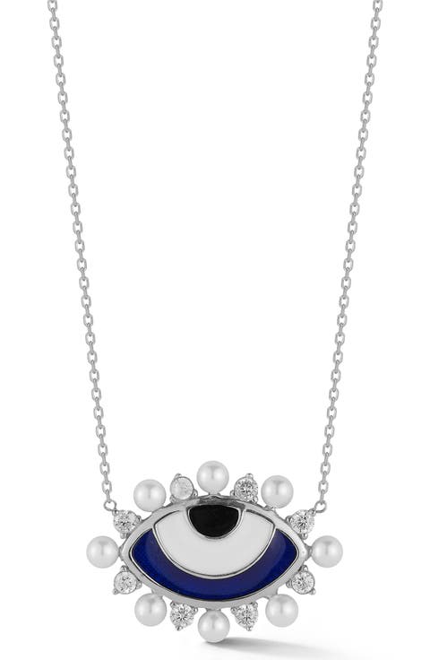 Rhodium Plated Sterling Silver CZ & Freshwater Pearl Evil Eye Pendant Necklace