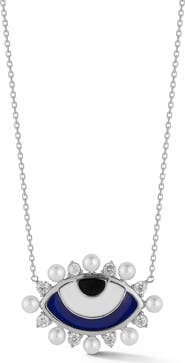 SPHERA MILANO Rhodium Plated Sterling Silver CZ & Freshwater Pearl Evil Eye Pendant Necklace