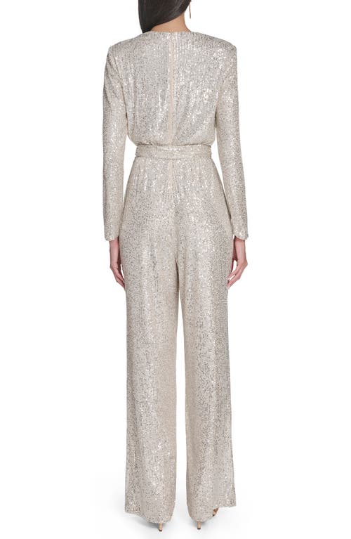Eliza J Draped Neck Long Sleeve Sequin Jumpsuit In Silver