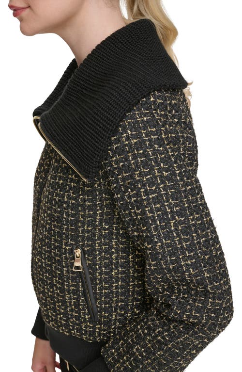 Karl Lagerfeld Paris Knit Collar Metallic Tweed Bomber Jacket In Black Gold