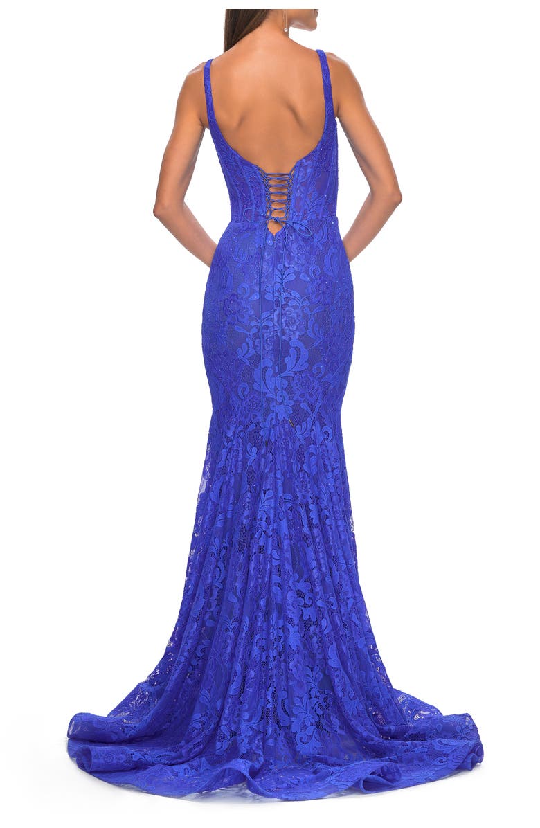 La Femme Mermaid Stretch Lace Gown with Corset Top, Alternate, color, Royal Blue
