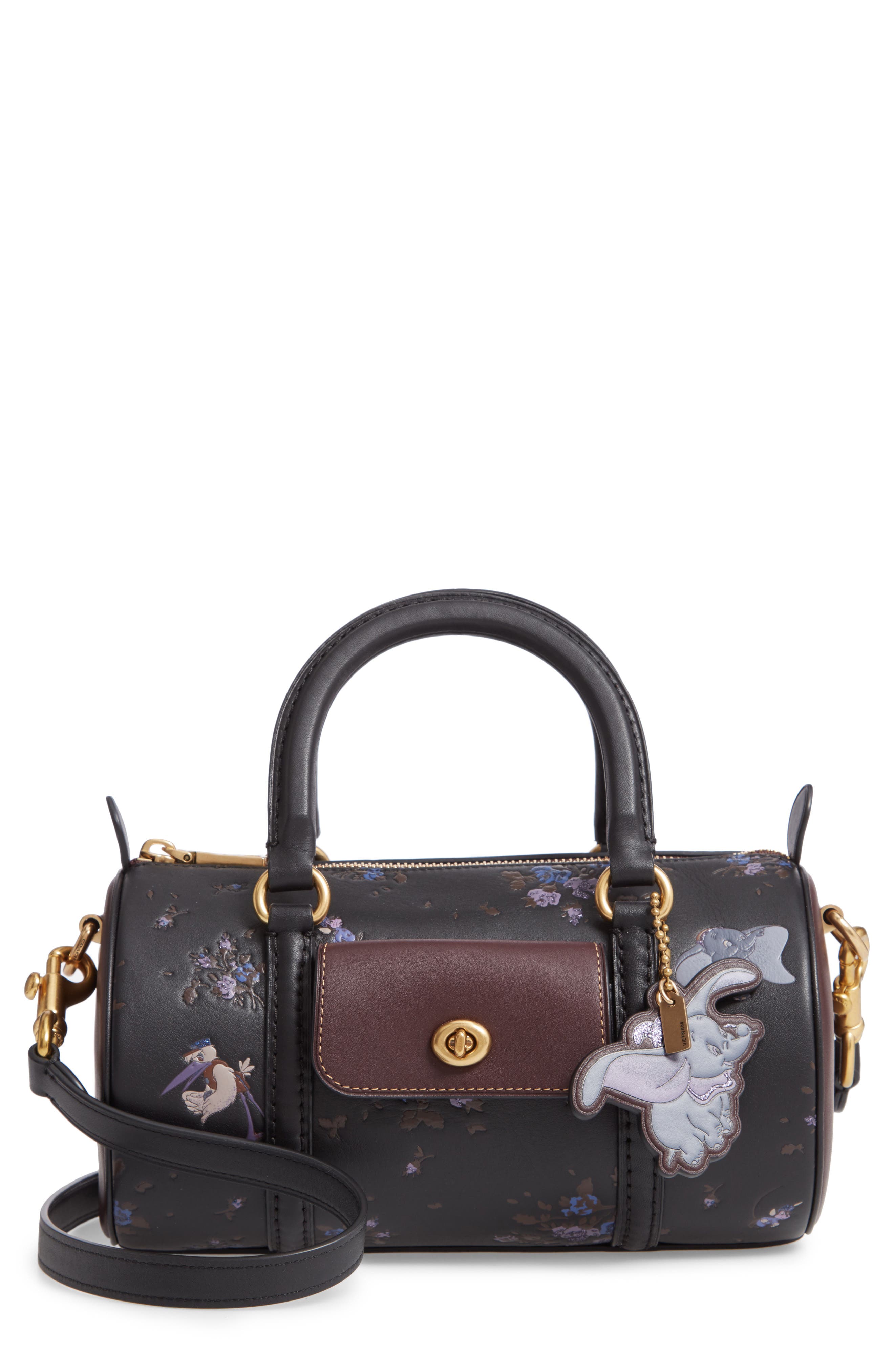 Disney x COACH Dumbo Leather Barrel Bag, Main, color, BLACK