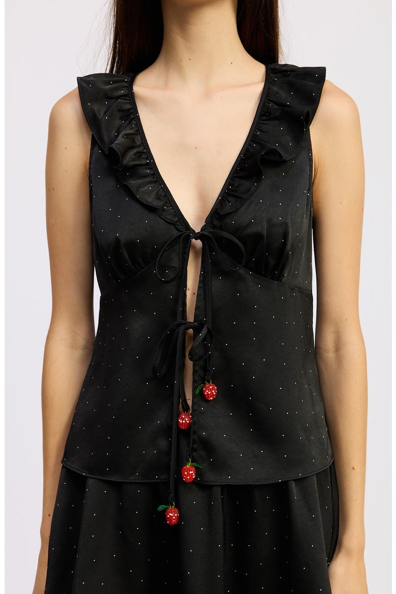 Tegan Polka Dot Ruffle Split Front Satin Top, Alternate, color, BLACK IVORY