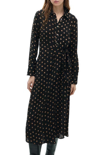 Mango Polka Dot Long Sleeve Shirtdress In Black