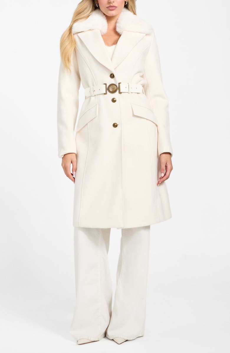 GUESS New Patrice Belted Coat with Removable Faux Fur Collar, Alternate, color, White