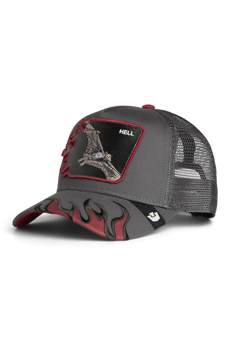 Hell Flames Embroidered Patch Trucker Hat, Main, color, OIL