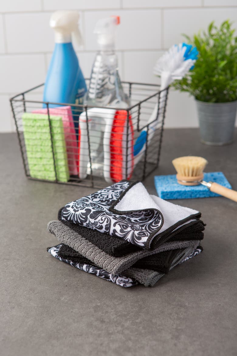 Black Damask Microfiber Dishcloth Set/6, Alternate, color, Black