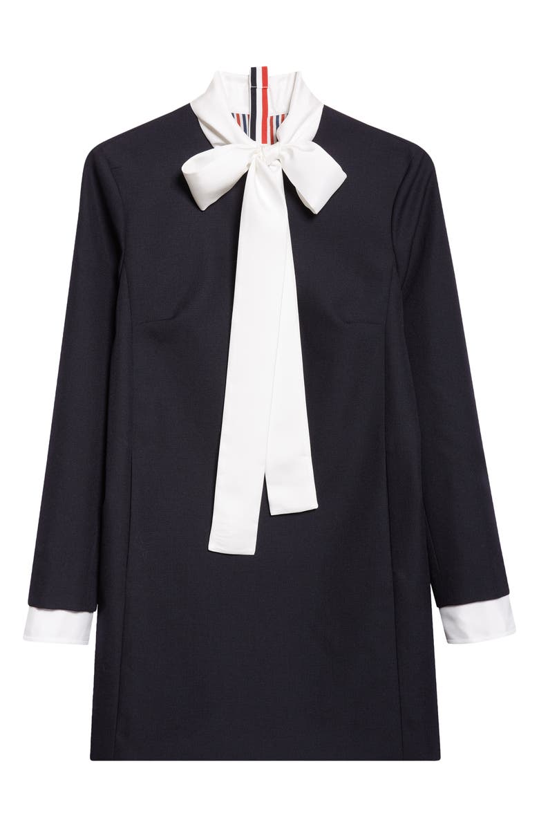 Thom Browne Bow Neck Long Sleeve Virign Wool Dress, Alternate, color, 415 Navy