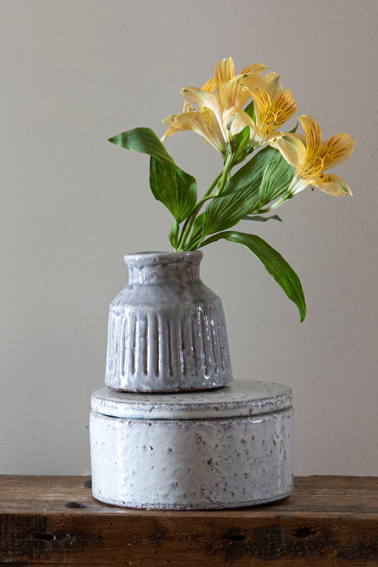 Handmade Gray Terracotta Vase with Carved Stripes, Alternate, color, Gray