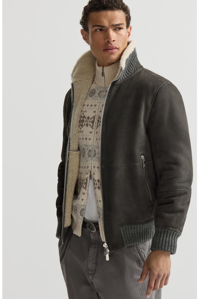 Suede curly shearling bomber jacket, Alternate, color, Grey