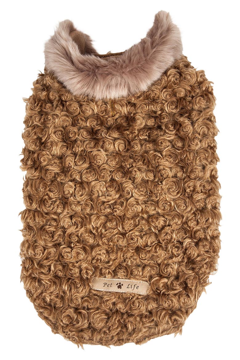 LUXE 'Gilded Rawflled' Gold Fleck Designer Faux Fur Dog Coat, Main, color, COFFEE BROWN AND WHITE