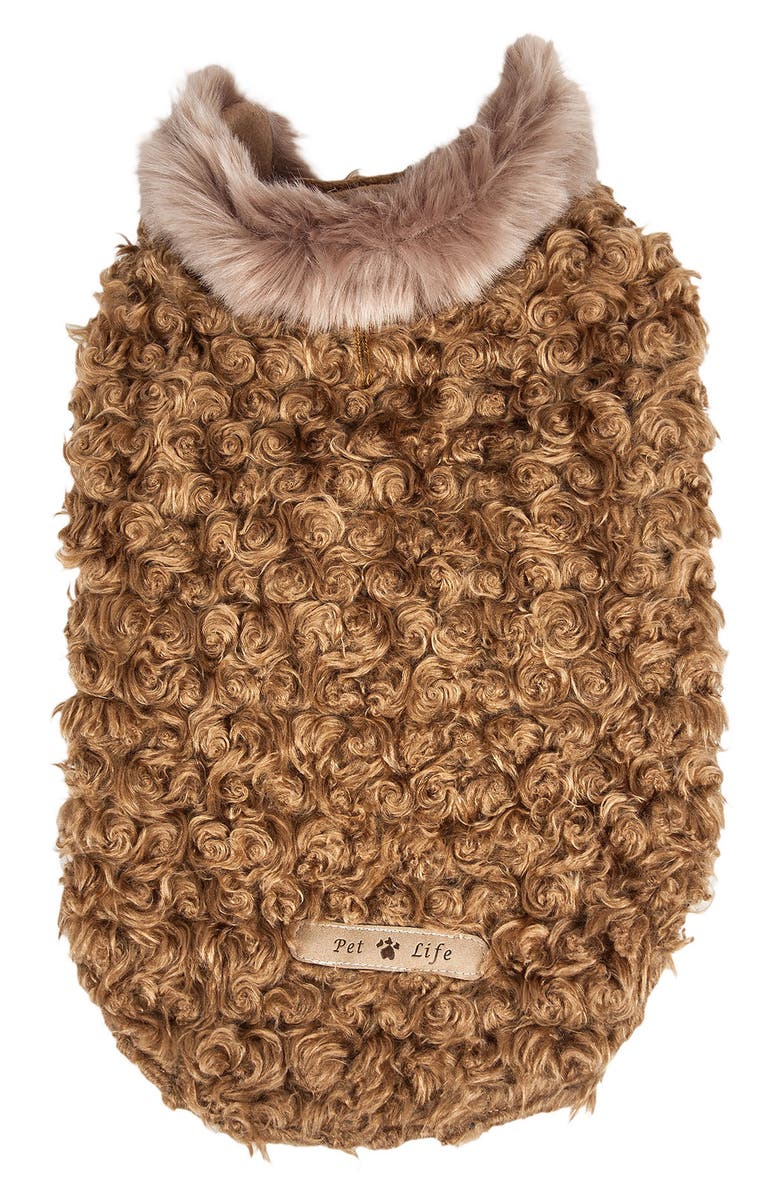 PET LIFE LUXE 'Gilded Rawflled' Gold Fleck Designer Faux Fur Dog Coat, Main, color, Coffee Brown And White