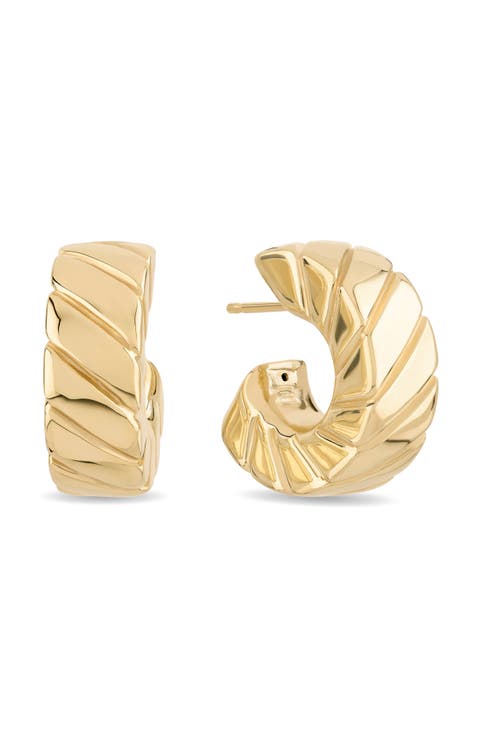 14K Gold Wide Grooved Huggie Hoop Earrings