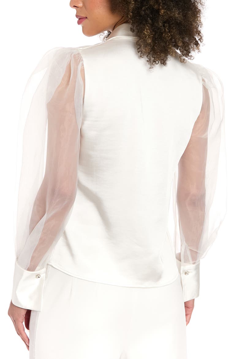 Rhinestone Bow Organza Sleeve Satin Shirt, Alternate, color, IVY/ WHITE
