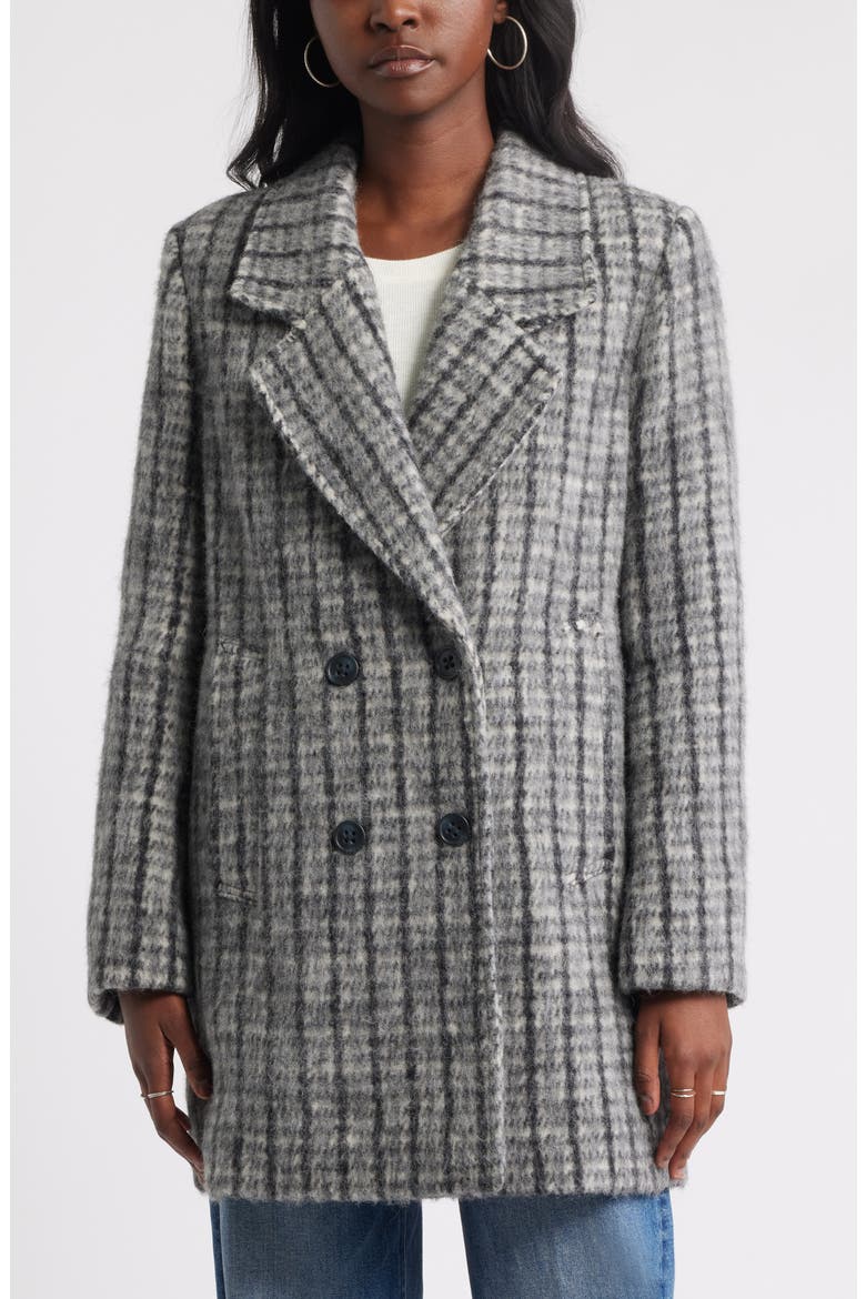 Chunky Herringbone Double Breasted Coat, Alternate, color, GREY- BLACK PLAID
