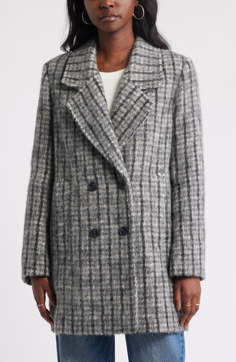 Treasure & Bond Chunky Herringbone Double Breasted Coat, Alternate, color, Grey- Black Plaid
