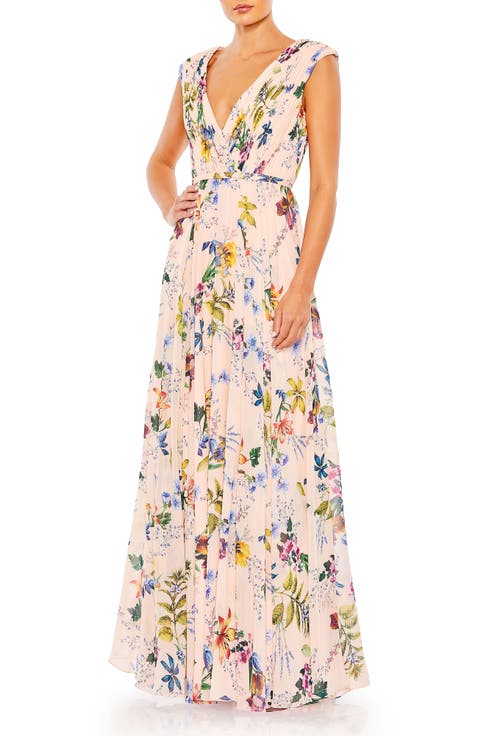 Pleated Floral Cap Sleeve A Line Gown