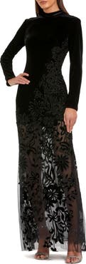 Mac Duggal Long Sleeve Sheer Floral Embroidered Velvet Gown