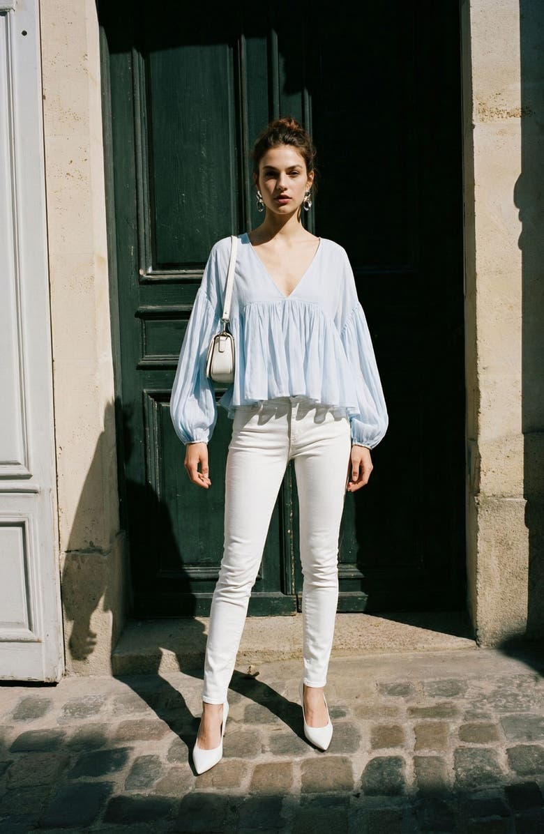 VERO MODA Katie Balloon Sleeve Baby Doll Top, Alternate, color, Skywriting