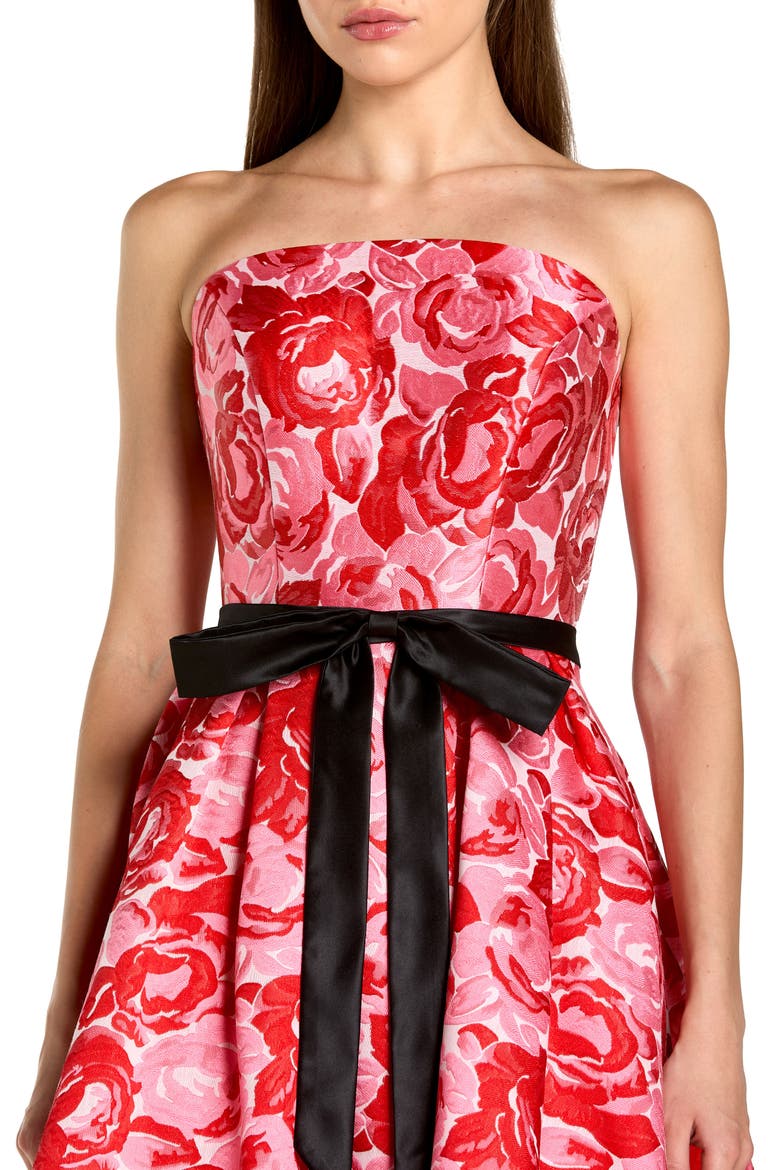Brocade Strapless A Line Midi Dress With Satin Bow, Alternate, color, Red Multi