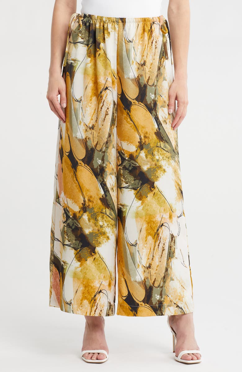 Adrianna Papell Side Tie Wide Leg Satin Pants, Main, color, Oil Green Goldsmith