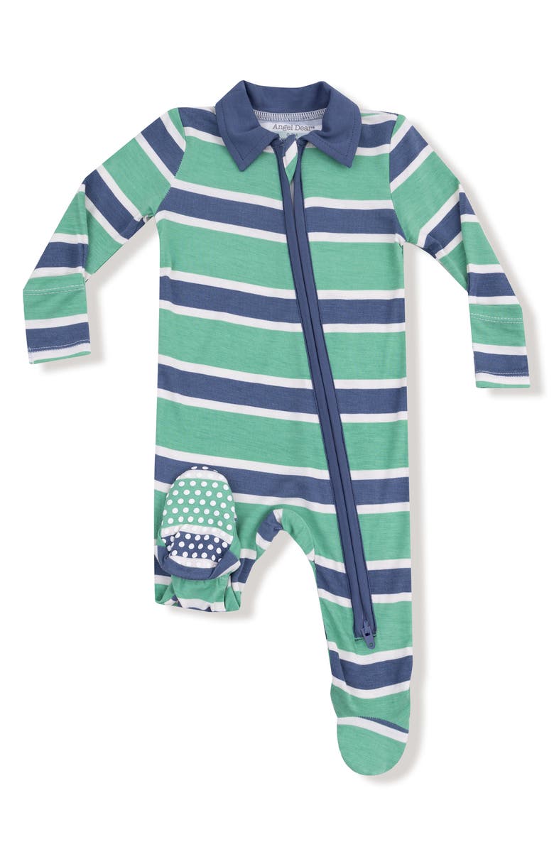 Angel Dear Rugby Stripe Zip Footie, Main, color, Green/ Navy