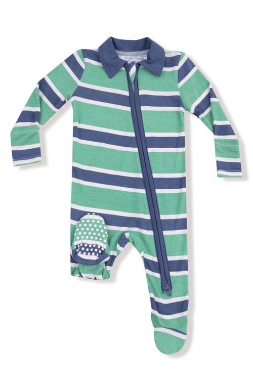 Angel Dear Rugby Stripe Zip Footie In Green