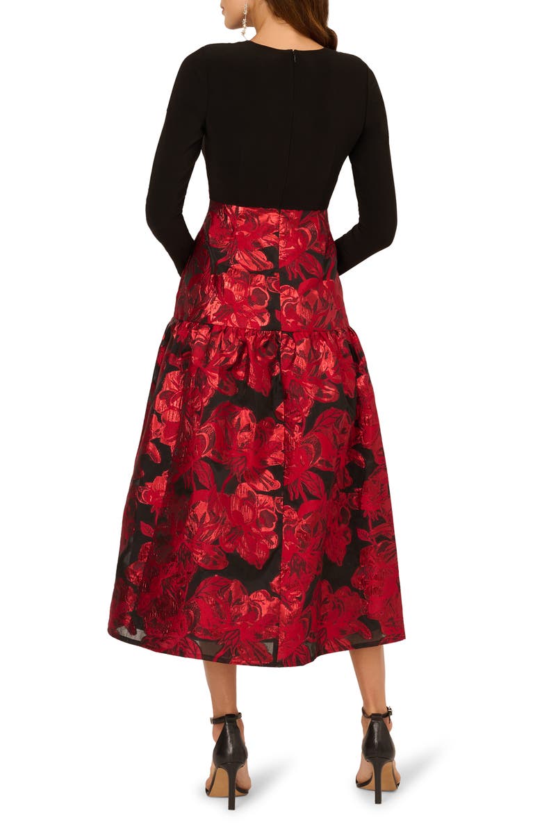 Adrianna Papell Metallic Floral Jacquard Long Sleeve Maxi Dress, Alternate, color, Black/ Red