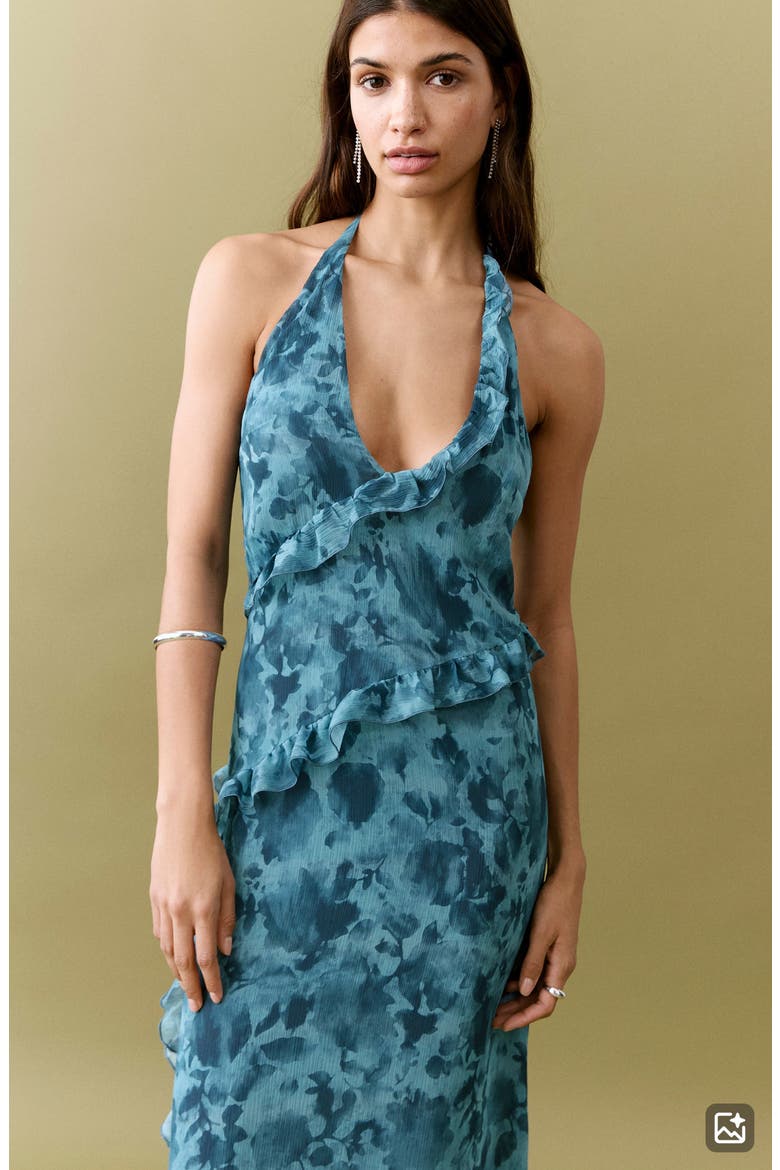 Ruffle Print Halter Maxi Dress, Alternate, color, BLUE