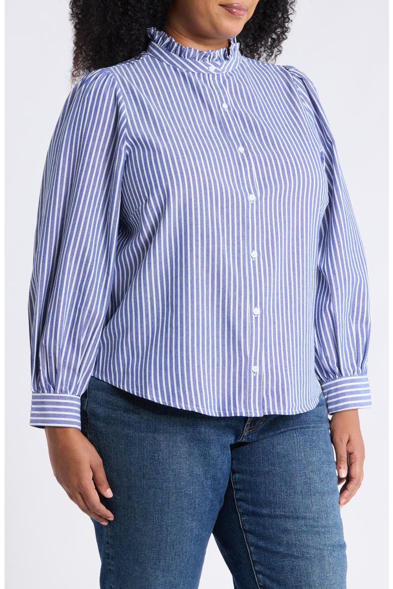 Sandy Ruffle Stripe Button-Up Shirt, Alternate, color, BLUE-STRIPE