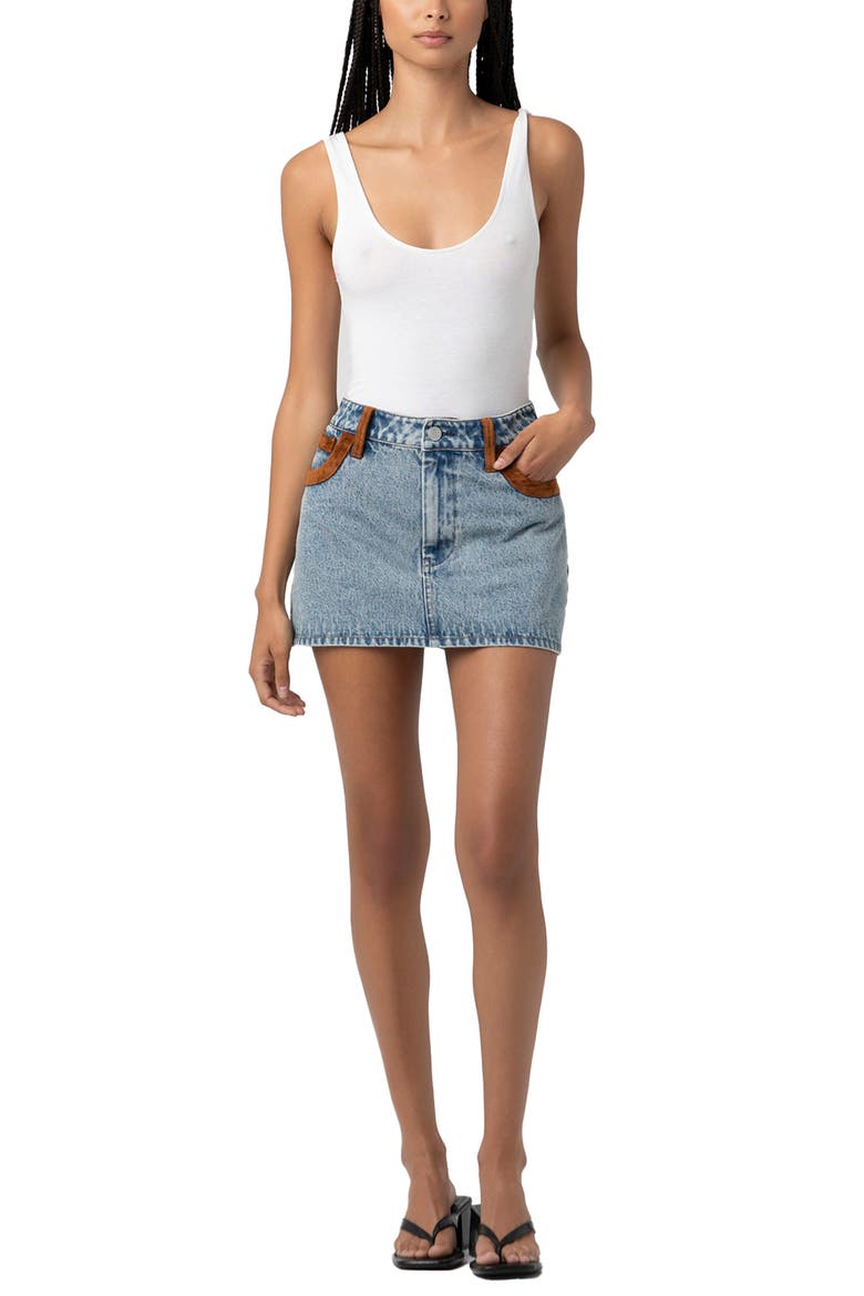 Faux Suede Trim Denim Miniskirt, Alternate, color, RODEO DRIVE