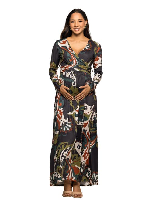 24seven Comfort Apparel Paisley Print Long Sleeve Wrap Maxi Dress In Black