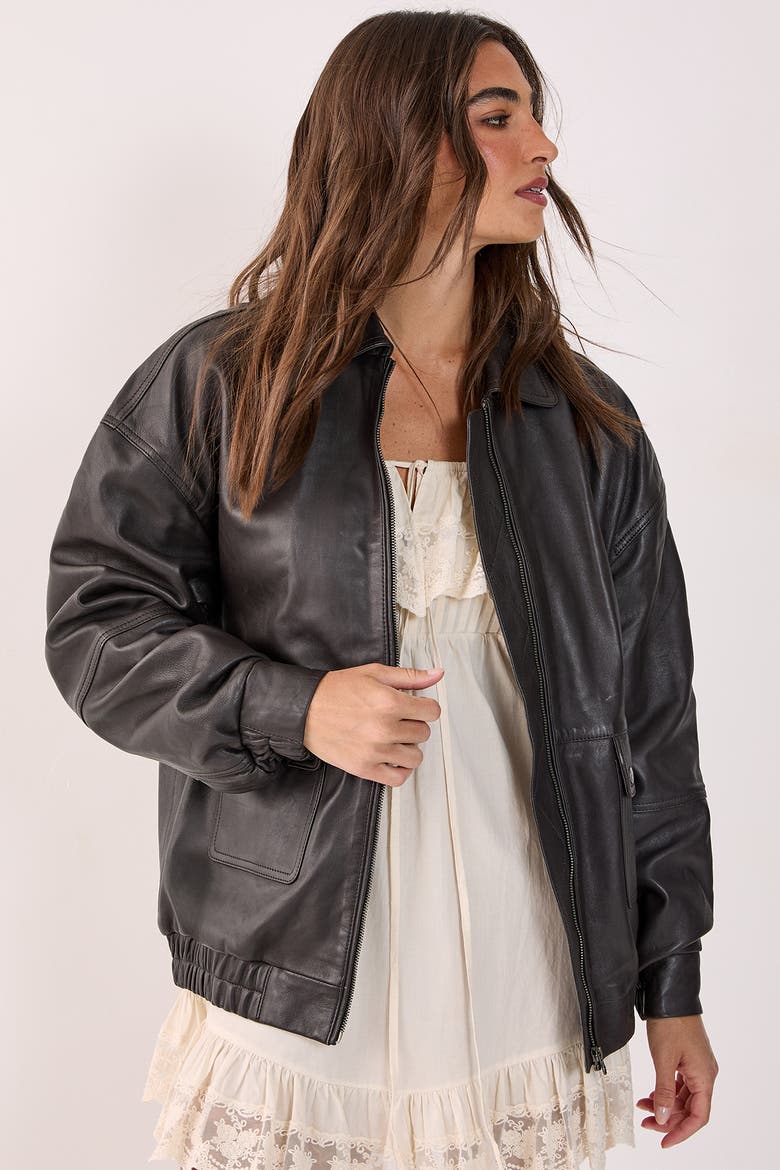 Real Leather Oversized Bomber Jacket, Alternate, color, Chocolate