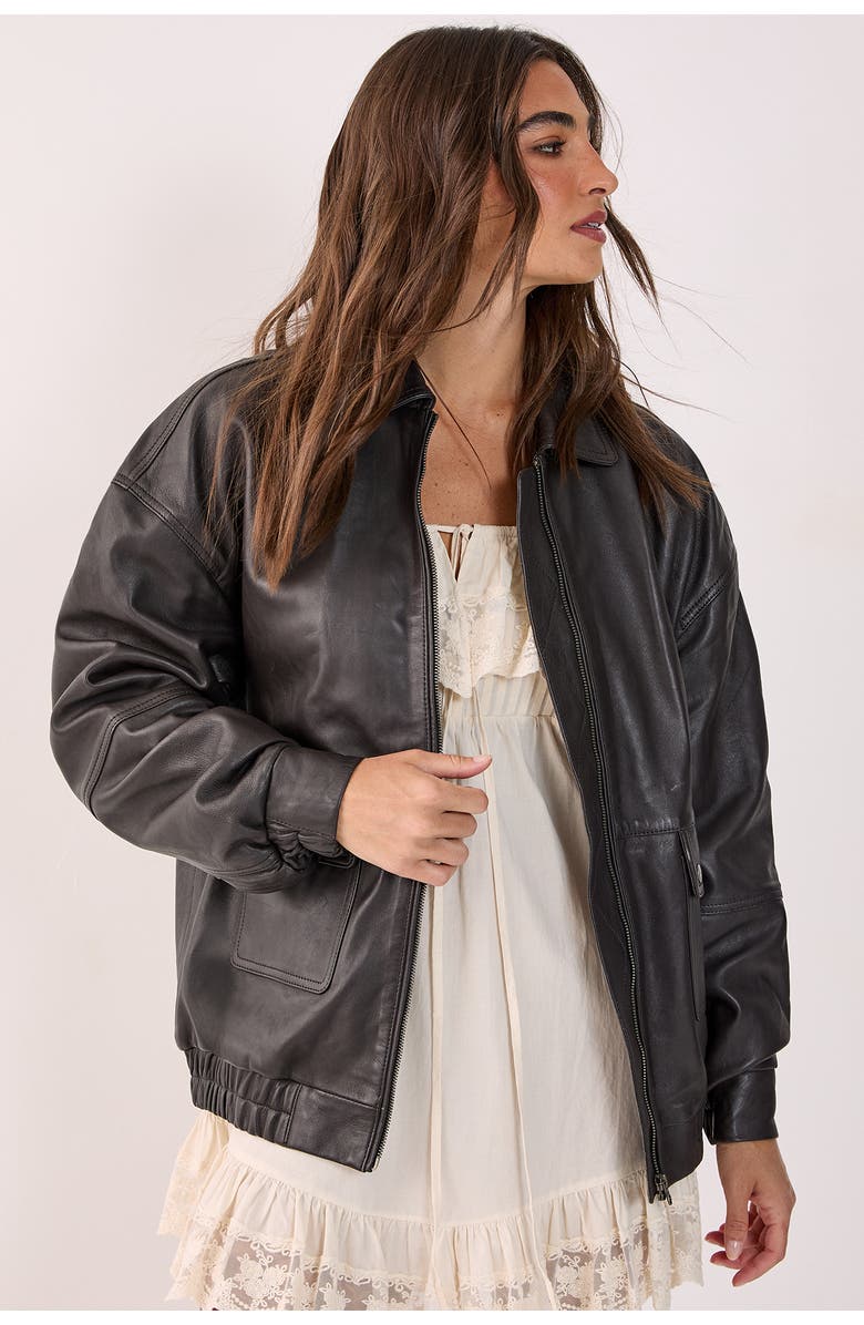 NASTY GAL Real Leather Oversized Bomber Jacket, Alternate, color, Chocolate