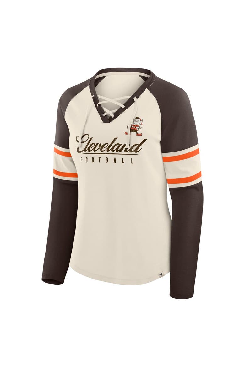 Women's Fanatics Cream/Brown Cleveland Browns Hometown Gridiron Hero Raglan Lace-Up V-Neck Long Sleeve T-Shirt, Alternate, color, Cream