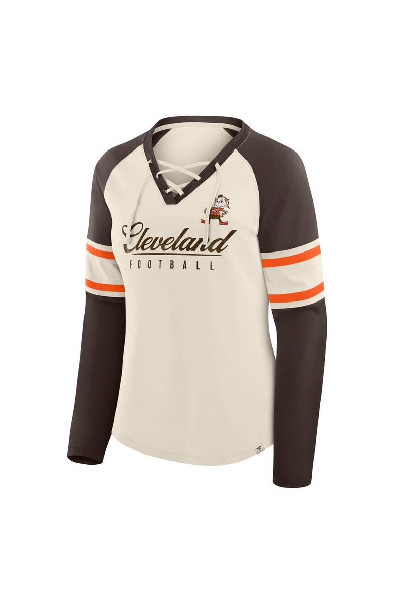 FANATICS Women's Fanatics Cream/Brown Cleveland Browns Hometown Gridiron Hero Raglan Lace-Up V-Neck Long Sleeve T-Shirt, Alternate, color, Cream