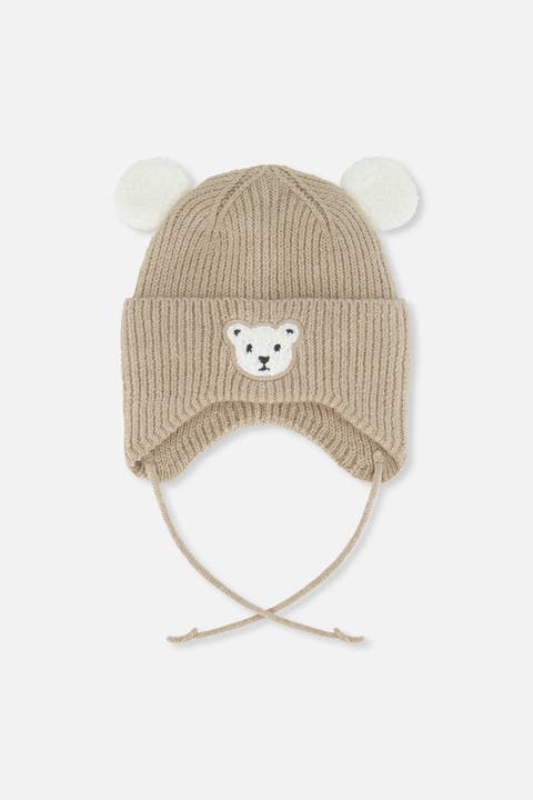 Winter Teddy Ears Fleece Lined Knit Hat with Chin Ties