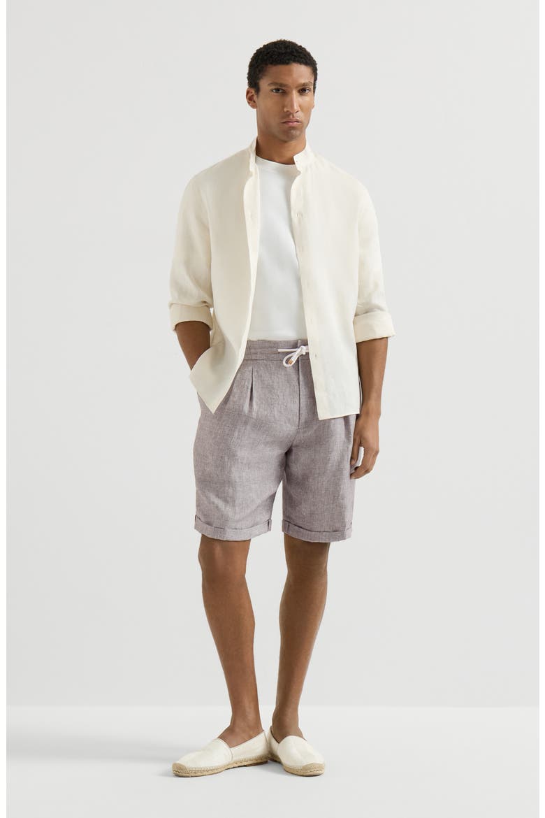 Linen and hemp diagonal Bermuda shorts with drawstring and double pleats, Alternate, color, Light Brown